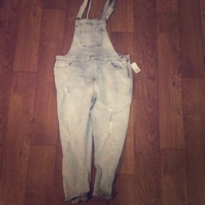Light denim, slightly distressed, overalls